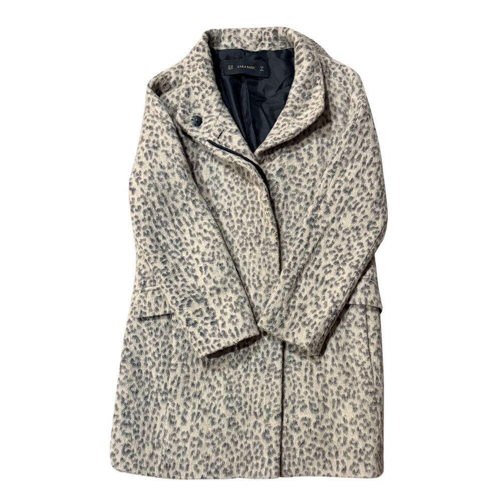 ZARA Basic Leopard Print Coat XS Gray Animal Print Wool Blend Jacket